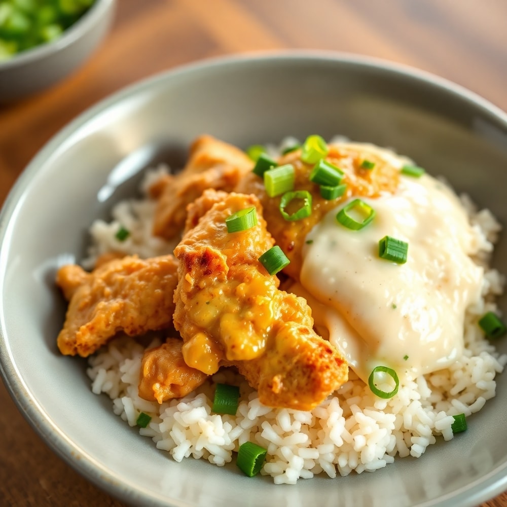 Coconut Chicken Rice Bowl plated with crispy chicken and garnished with cilantro