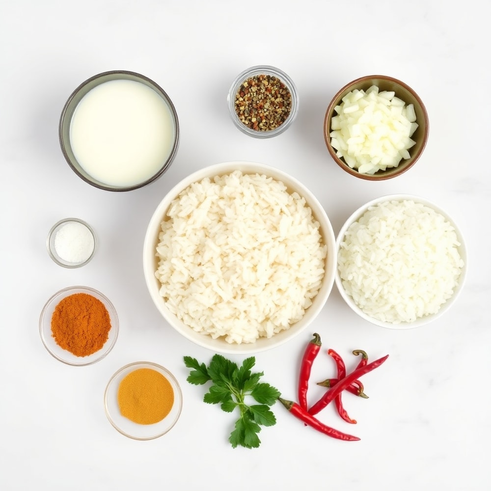 Raw ingredients for Coconut Chicken Rice Bowl: chicken, rice, coconut milk, and spices
