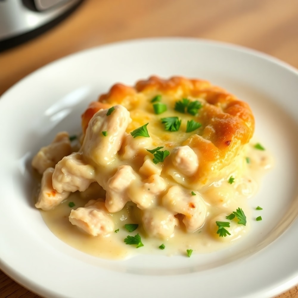 Plated serving of Crockpot Chicken Pot Pie