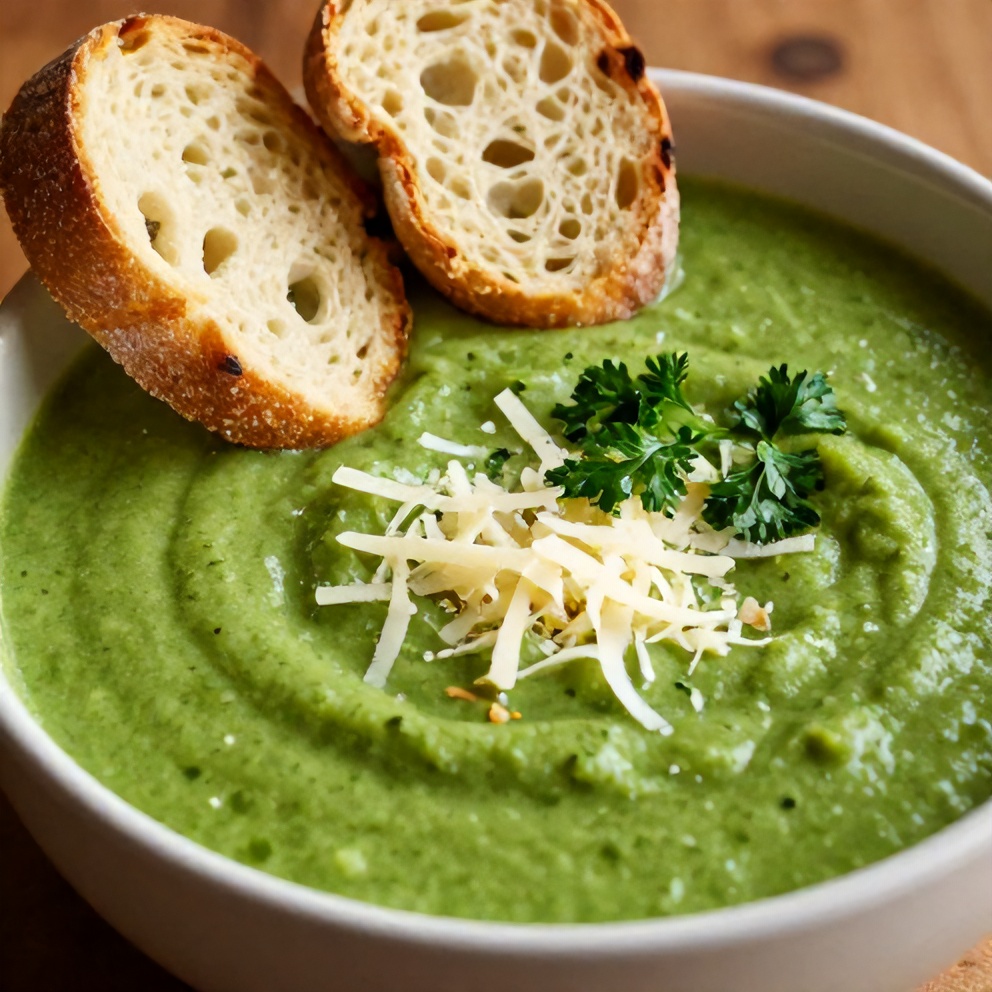 Bowl of Green Vegetable Soup with crusty bread
