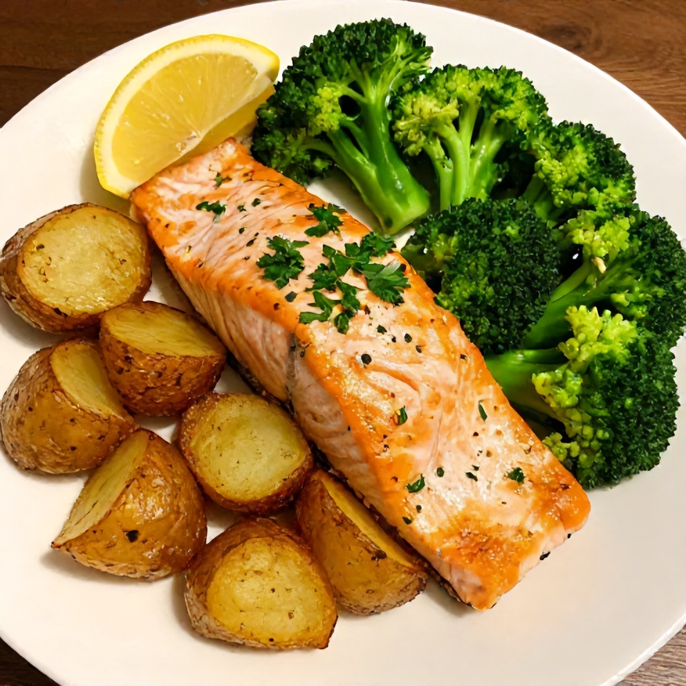 Plated Easy Lemon Butter Salmon with Crispy Potatoes and Broccoli