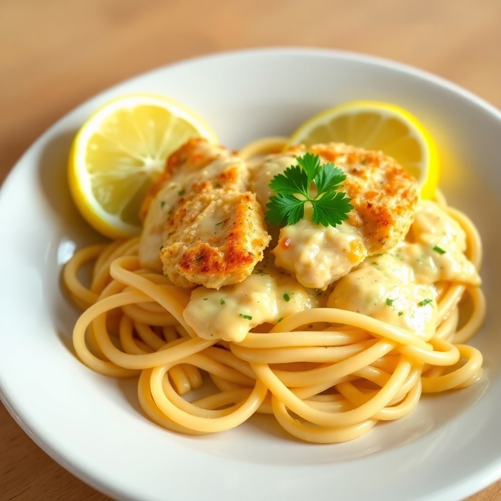 Plated serving of Easy Lemon Chicken Pasta with lemon wedge and fresh parsley