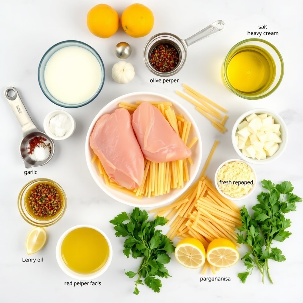 Raw ingredients for Easy Lemon Chicken Pasta including chicken, pasta, lemon, garlic, and herbs