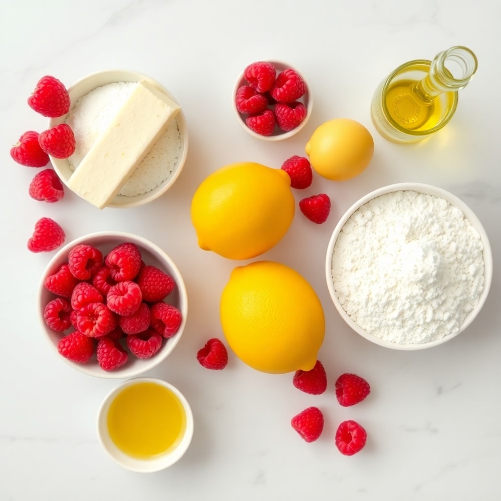 Lemon Raspberry Bars ingredients on a marble counter