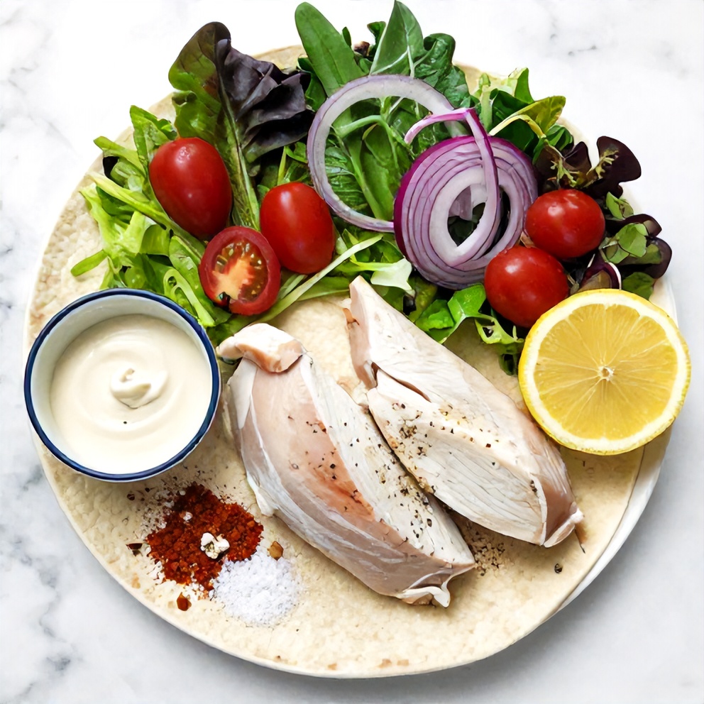 Raw ingredients for Easy Lunch Box Chicken Wrap on a marble surface