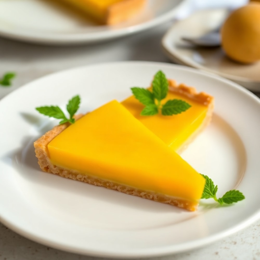 A plated serving of the Mango Curd Tart, sliced and served on a white plate with a sprig of fresh mint.