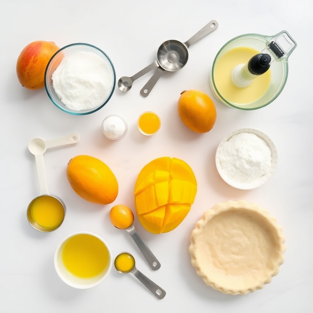 Raw ingredients for Mango Curd Tart including ripe mangoes, eggs, sugar, lemon juice, and a pre-made pie crust.