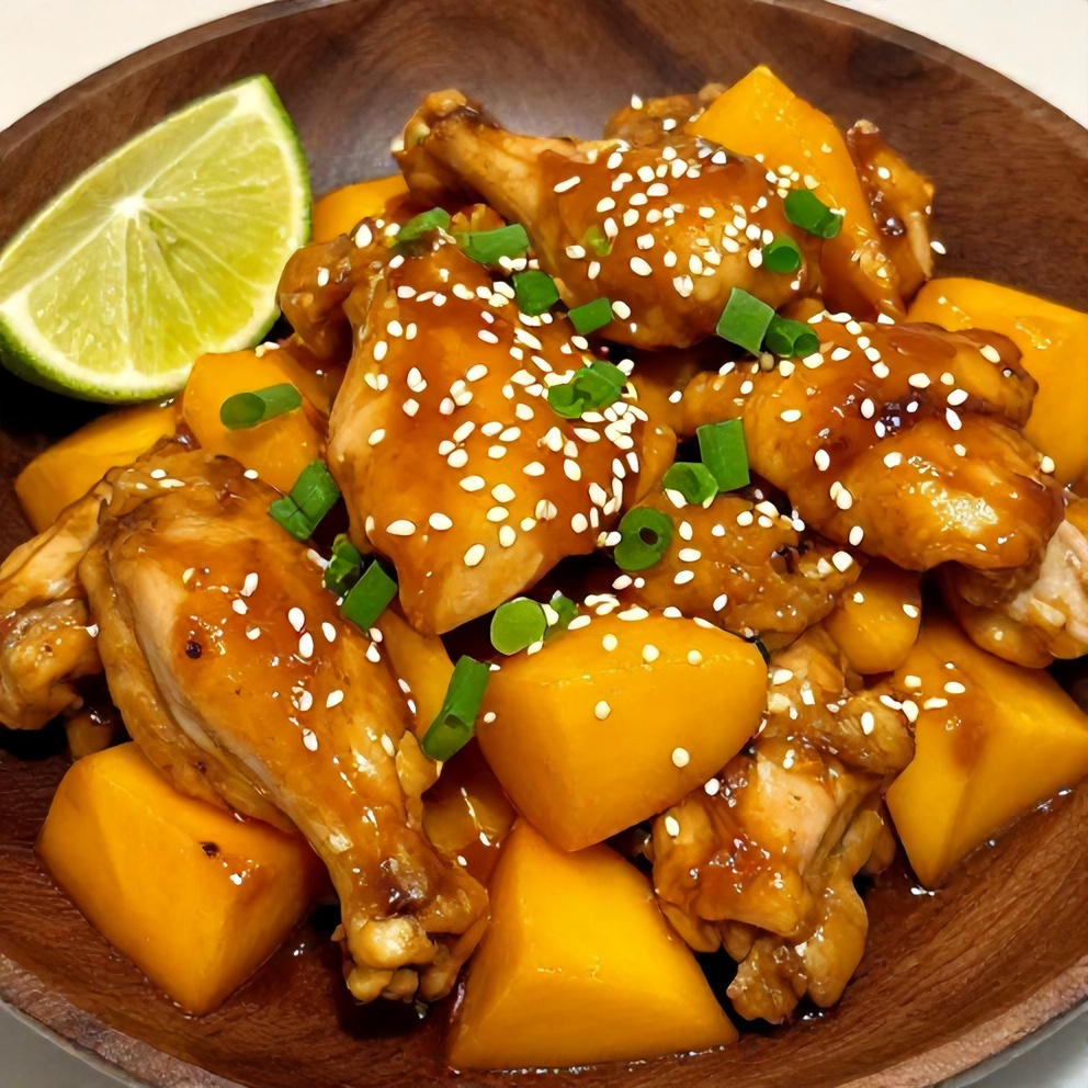 Mango glazed chicken on a plate with a side of rice and vegetables