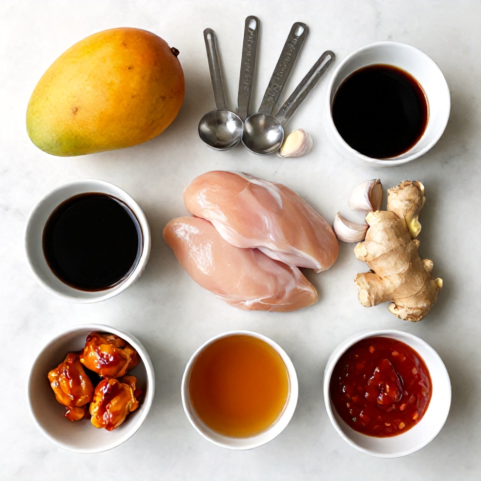 Mango, chicken, garlic, ginger, soy sauce, and other ingredients for mango glazed chicken