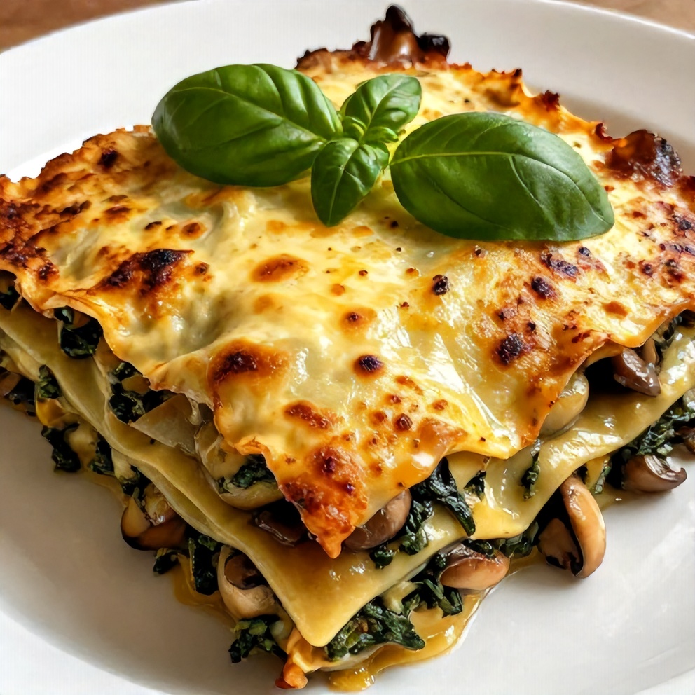 Plated serving of Mushroom Spinach Lasagna with fresh basil