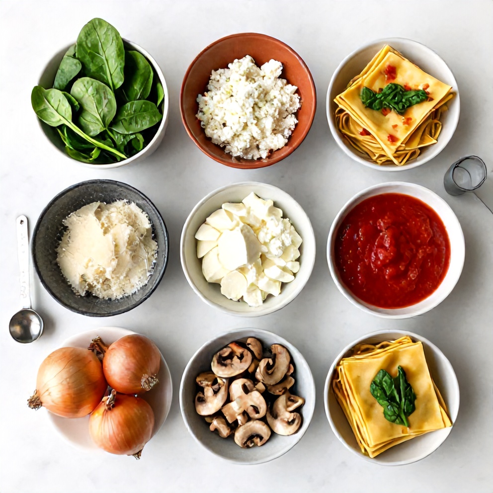 Raw ingredients for Mushroom Spinach Lasagna: lasagna noodles, spinach, mushrooms, ricotta, mozzarella, parmesan, garlic, onion, tomato sauce