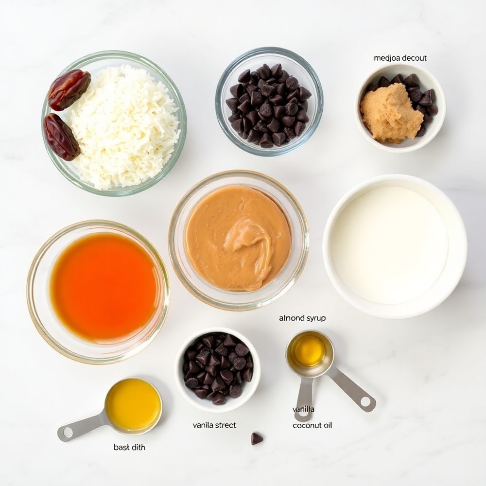 Raw ingredients for Samoa Truffles on a white marble surface