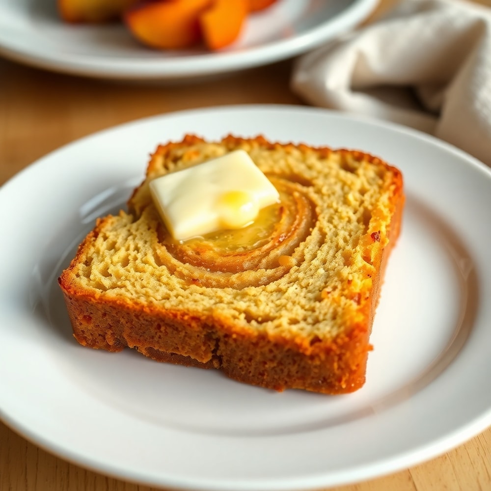 A beautifully plated slice of Easy Spiced Peach Bread with a pat of butter melting on top