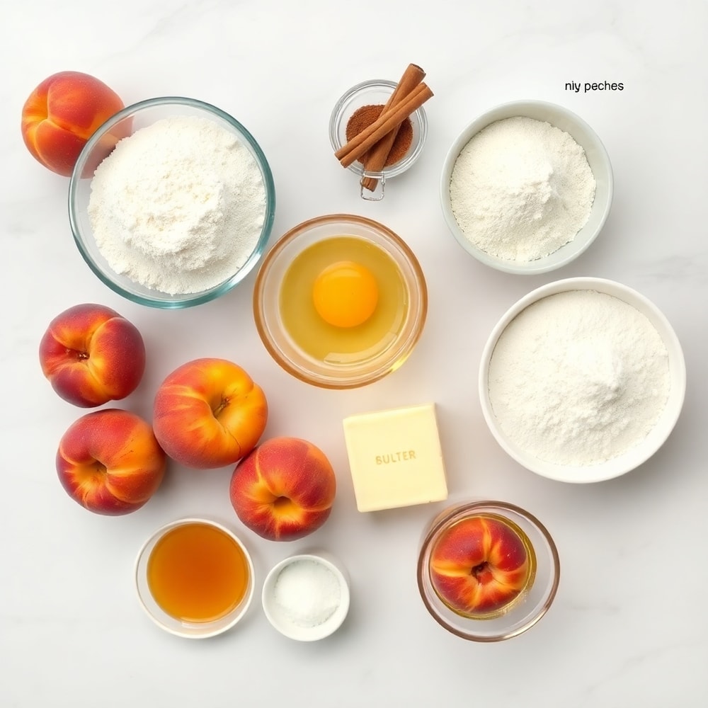 Arrangement of ripe peaches, flour, sugar, eggs, and spices on a marble counter