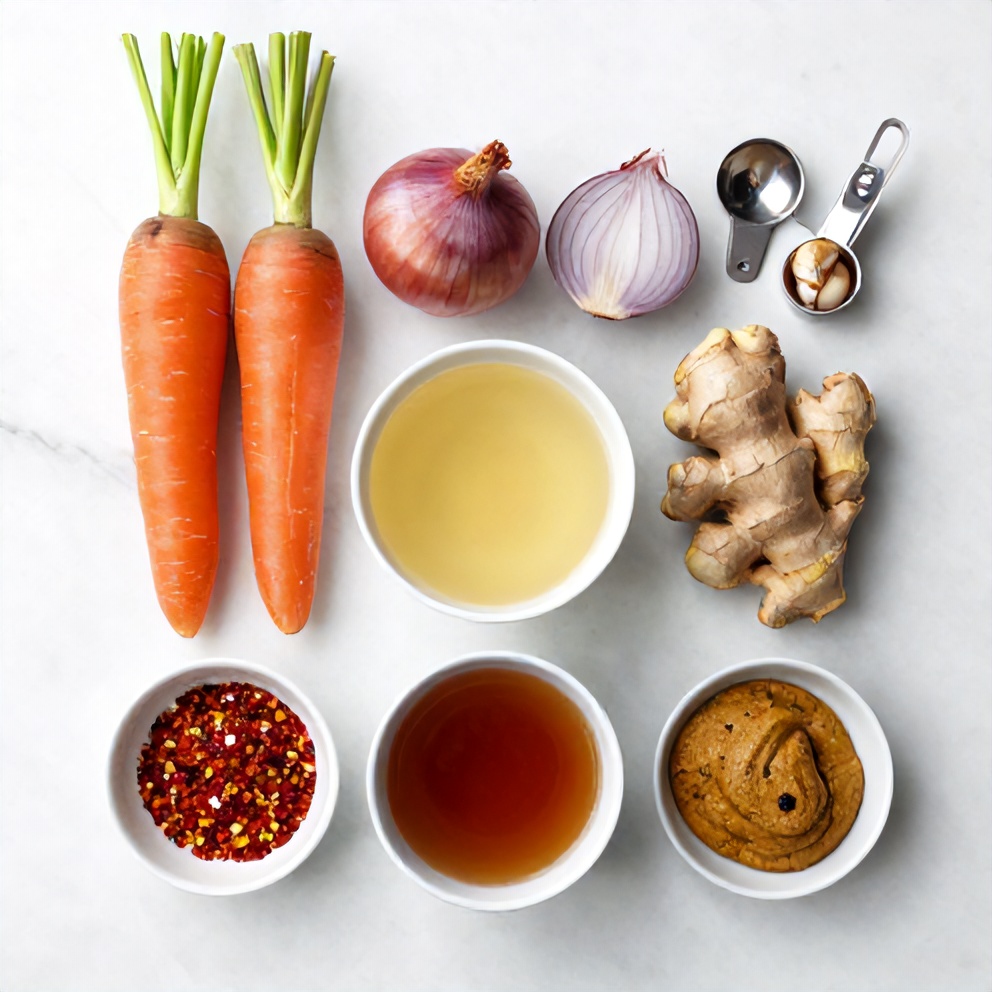 Raw ingredients for Spicy Miso Carrot Soup