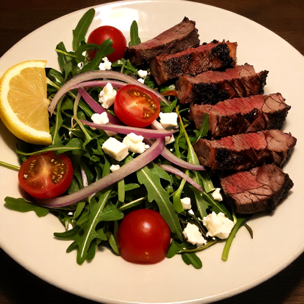 Plated Steak and Arugula Salad with lemon wedge