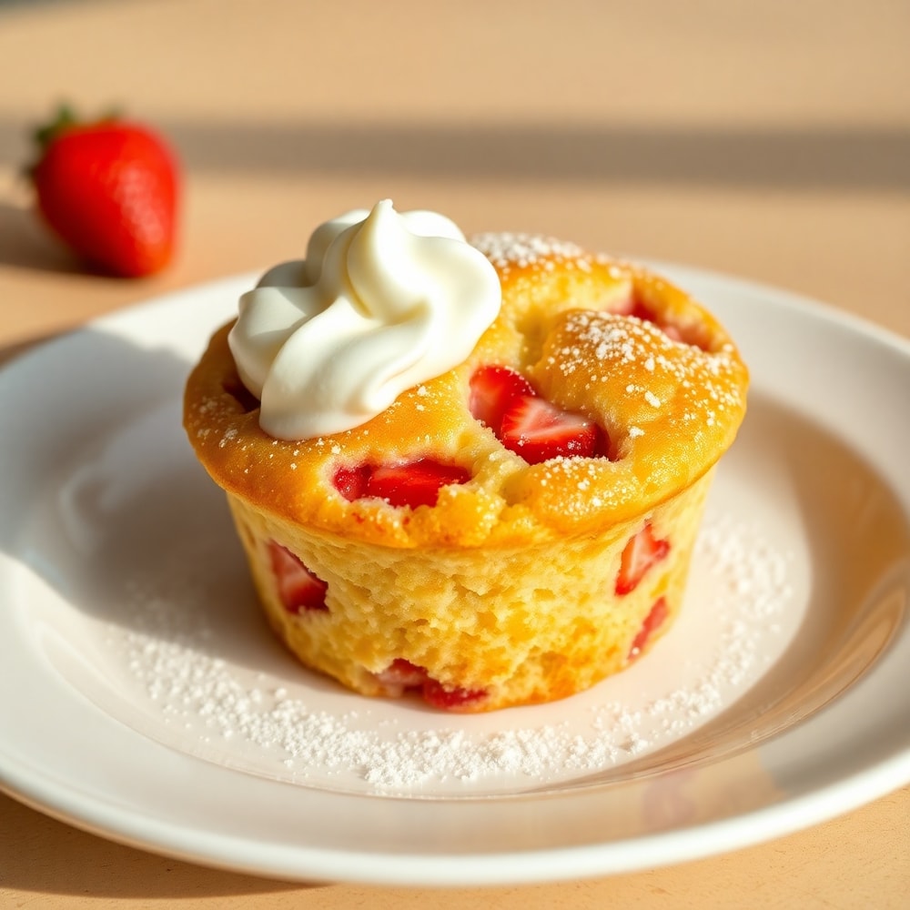 A perfect serving of strawberry shortcake muffin on a white plate