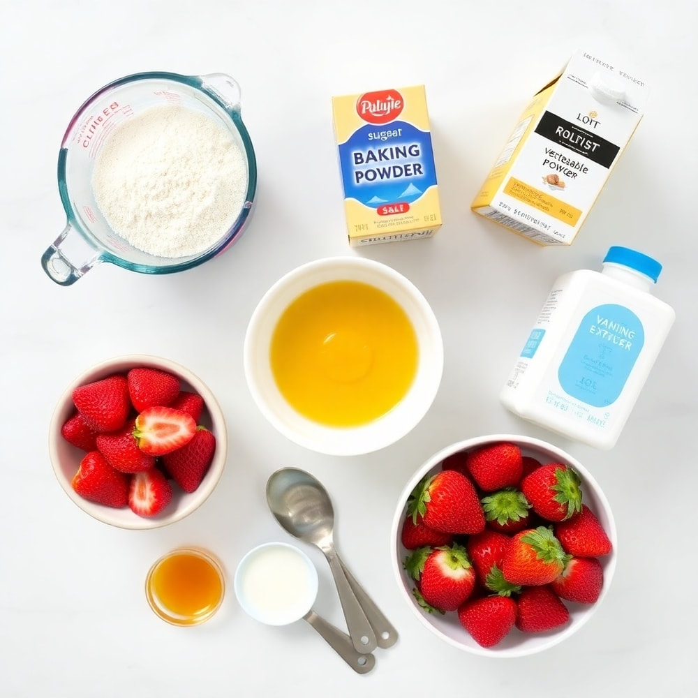 Raw ingredients for strawberry shortcake muffins on a white marble surface