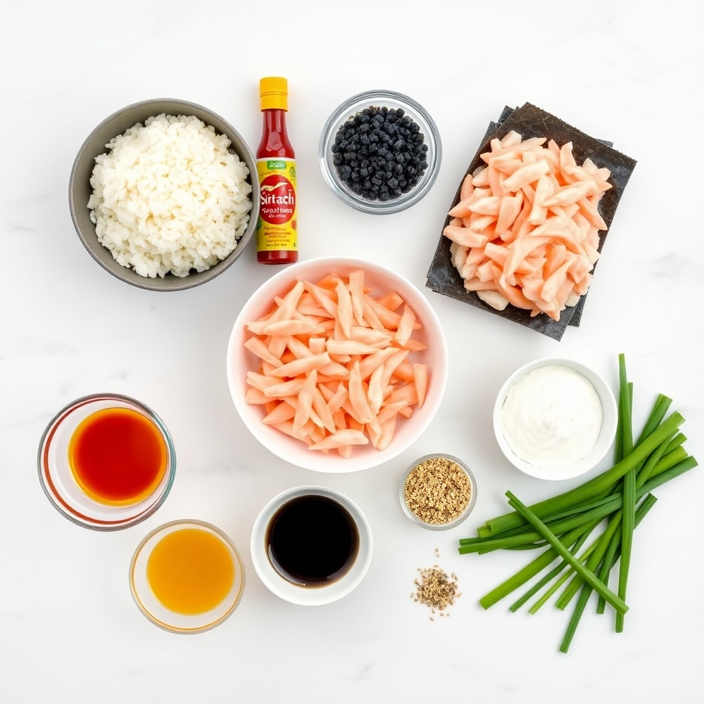 Raw ingredients for Easy Sushi Bake arranged on a white marble surface