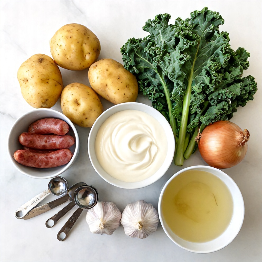 Raw ingredients for Zuppa Toscana Casserole: potatoes, sausage, kale, onions, garlic, heavy cream, chicken broth