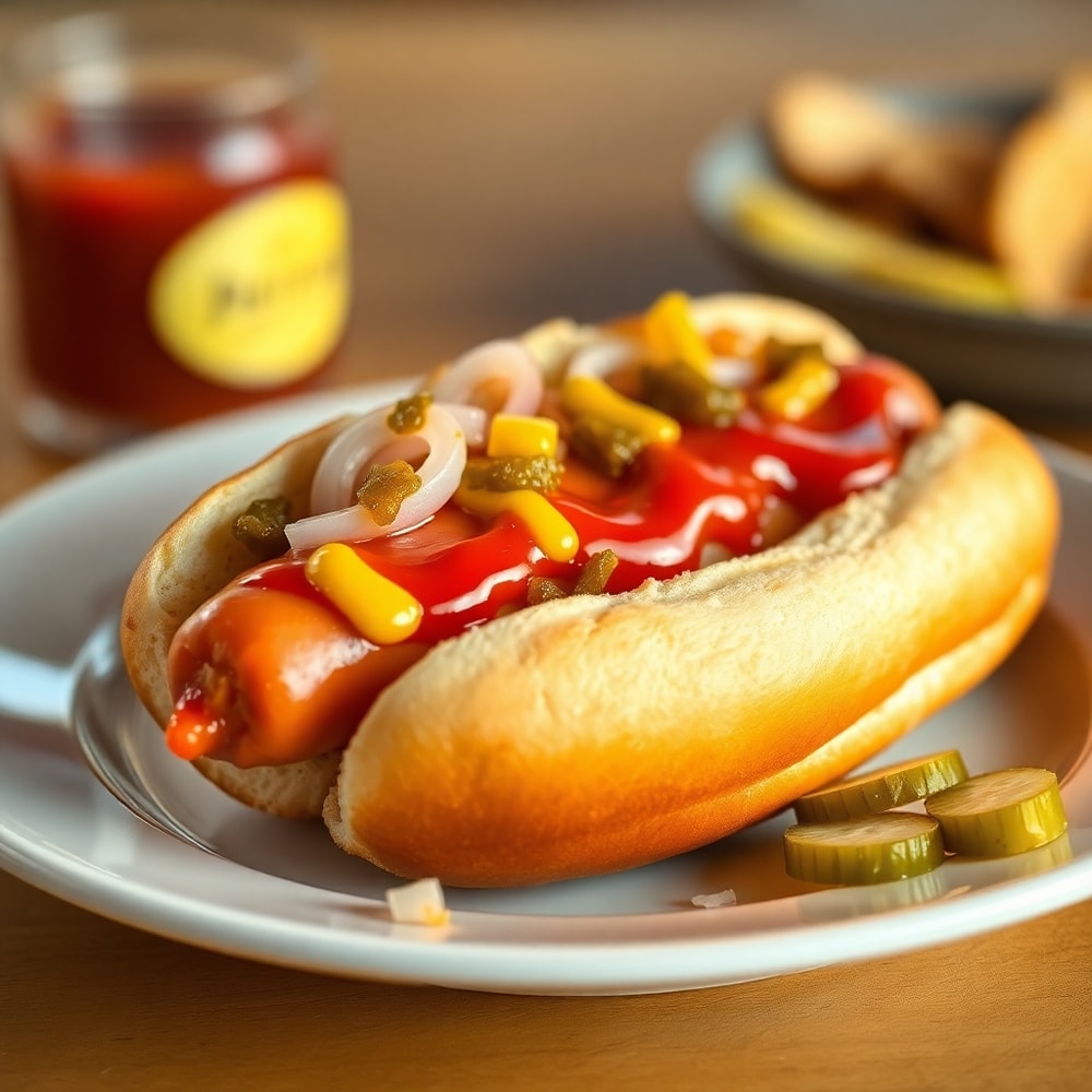 Plated firecracker hot dog with toppings