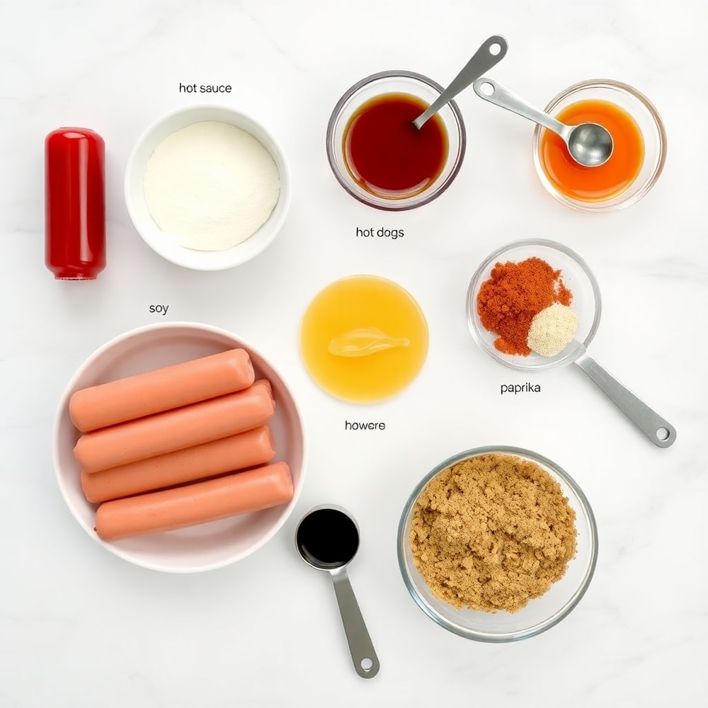 Hot dog ingredients on a white marble surface