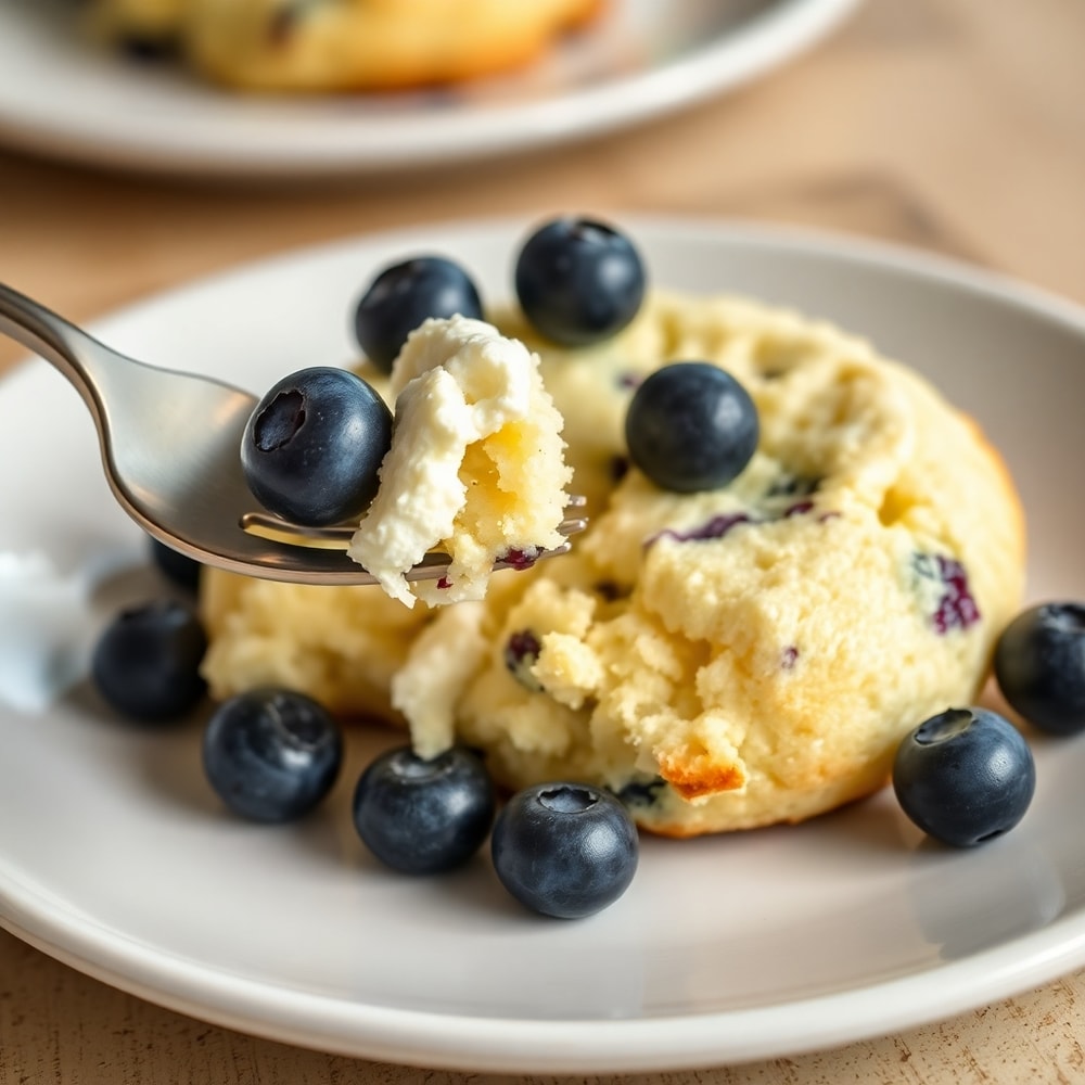 Fluffy Cottage Cheese Blueberry Cloud Bread with blueberries on a fork