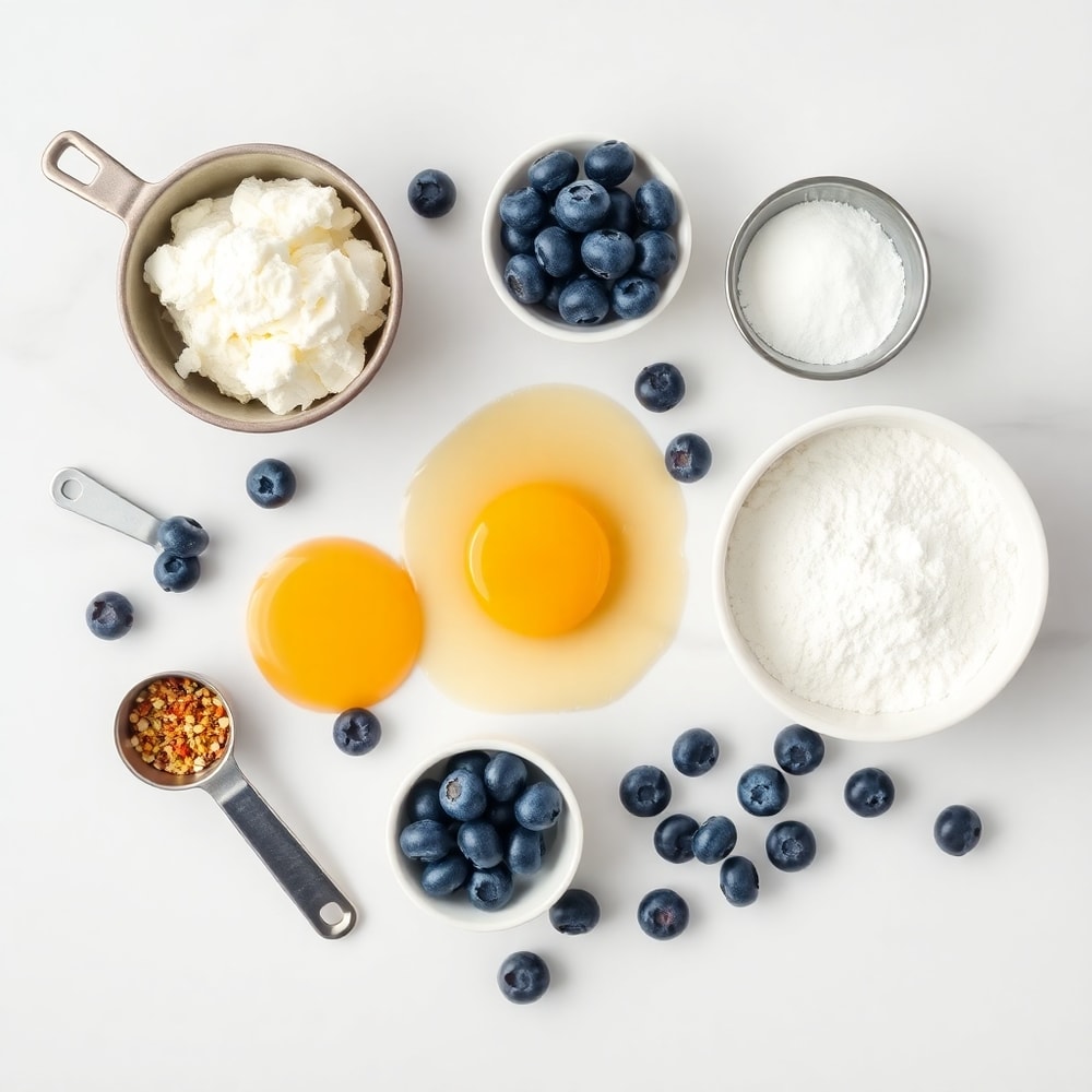 Ingredients for Fluffy Cottage Cheese Blueberry Cloud Bread on a marble surface
