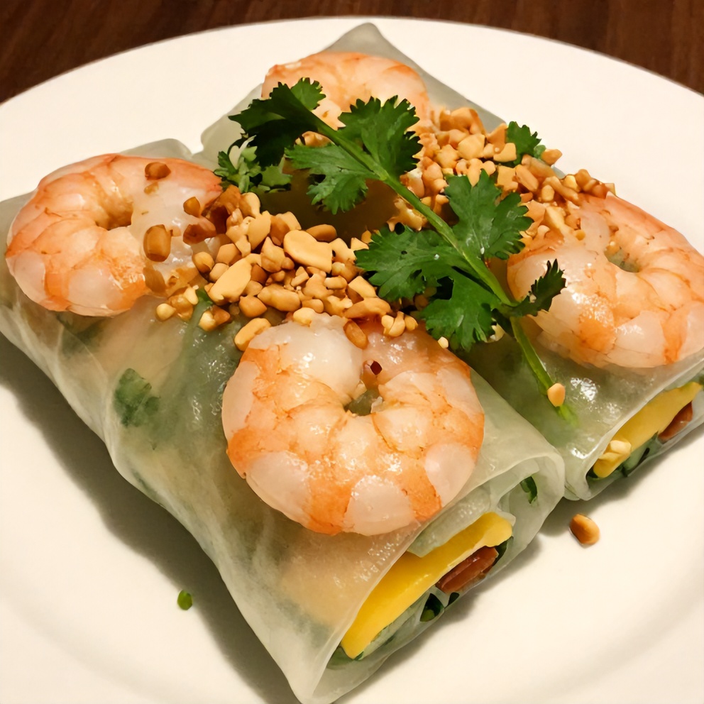 Plated Fresh Mango Shrimp Summer Rolls with garnish