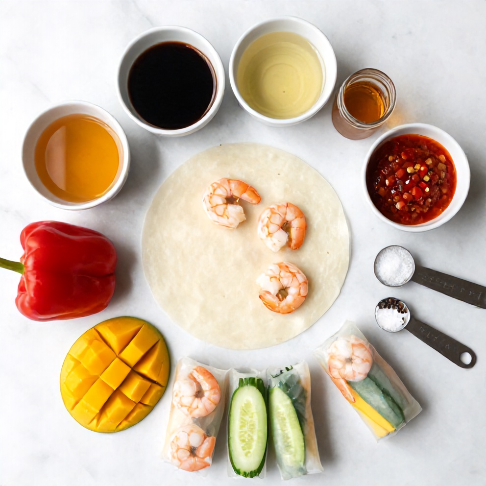 Raw ingredients for Fresh Mango Shrimp Summer Rolls on a white marble surface
