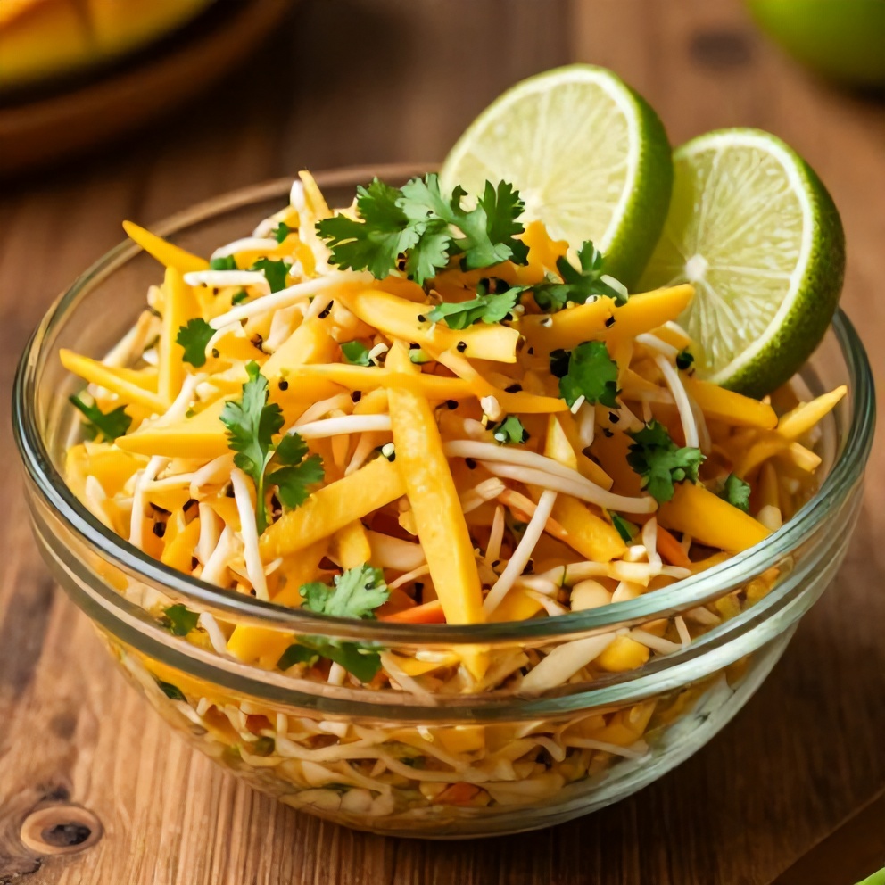 Fresh mango slaw served in a glass bowl with lime wedges
