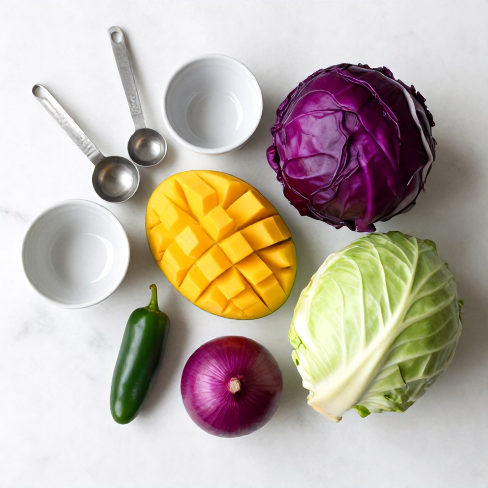 Raw ingredients for fresh mango slaw on a white marble surface