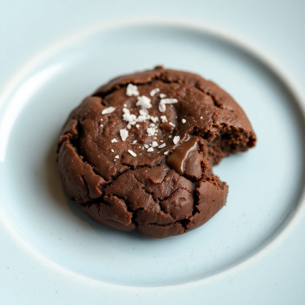 A single fudgy chocolate brownie cookie on a plate