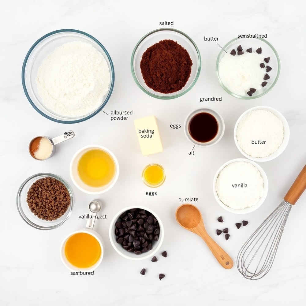 Chocolate brownie cookies ingredients on a marble counter