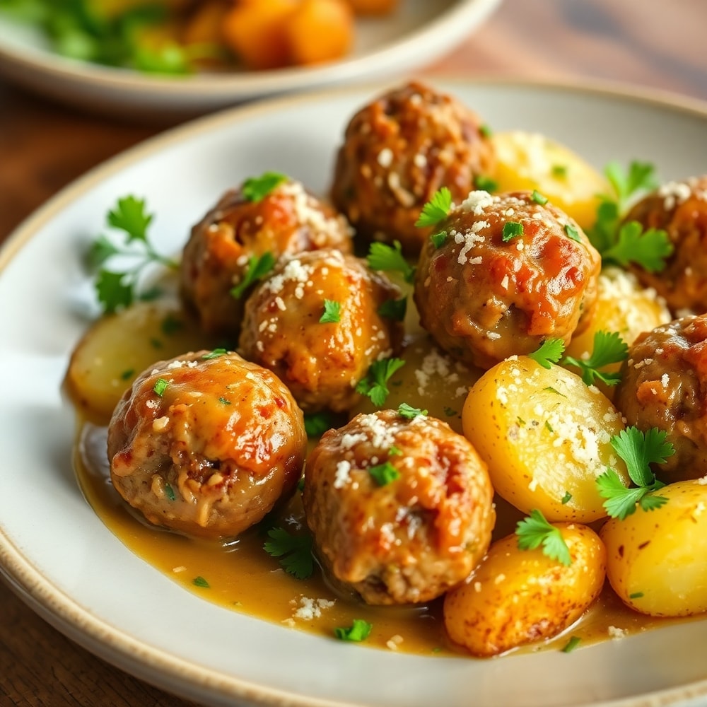 Garlic Butter Meatballs and Potatoes plated
