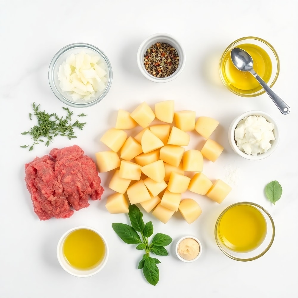 Raw ingredients for Garlic Butter Meatballs and Potatoes