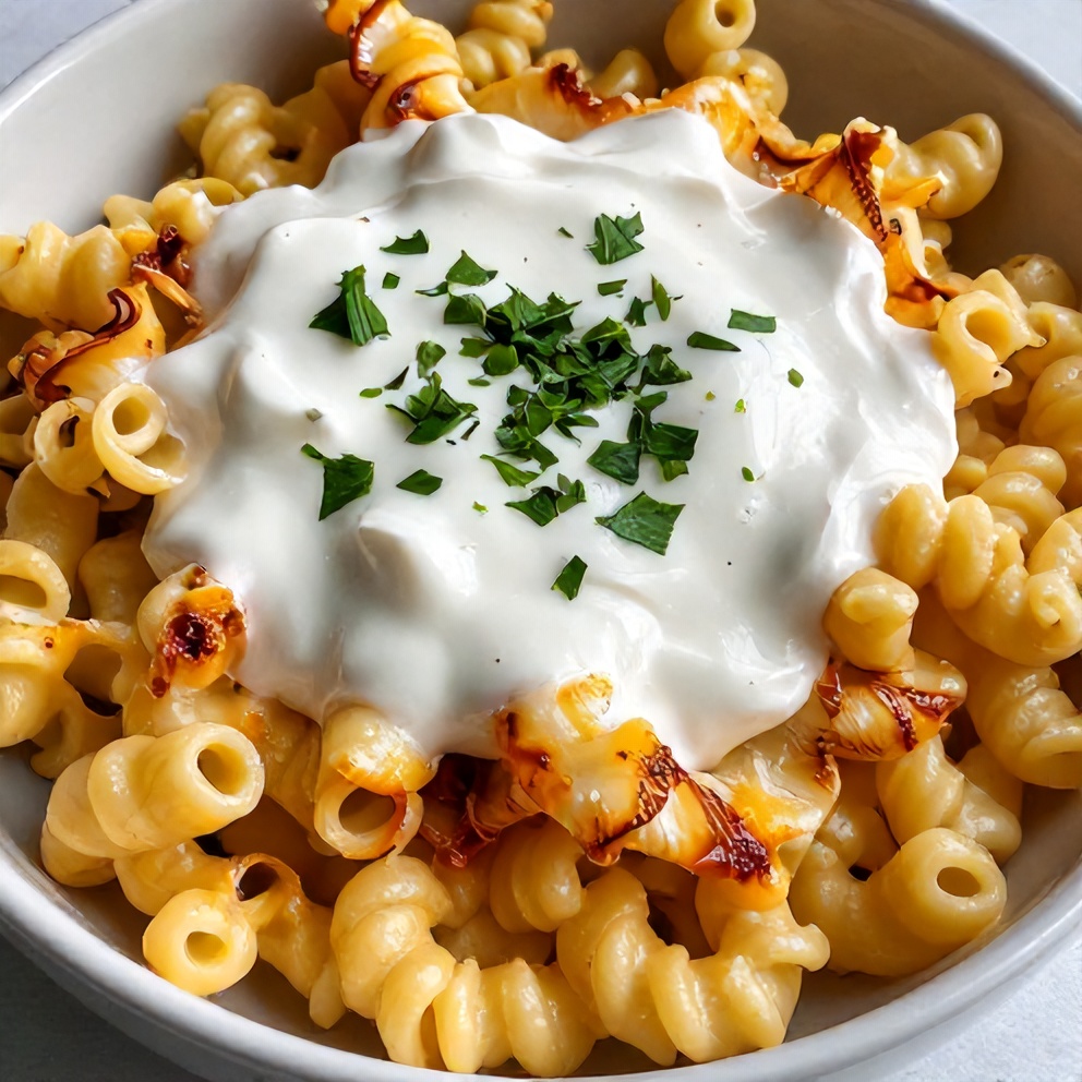 Greek Yogurt Macaroni Cheese plated with a sprinkle of parsley