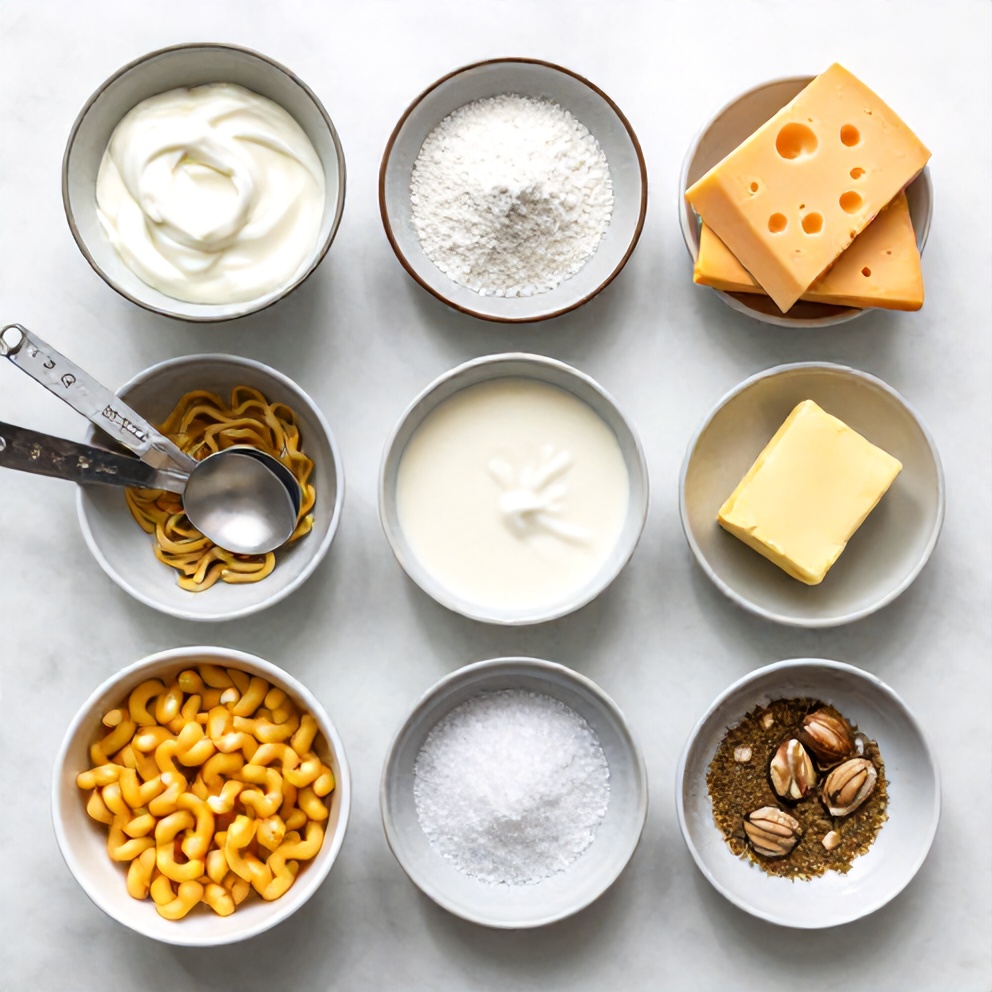 Greek Yogurt Macaroni Cheese ingredients on a marble surface