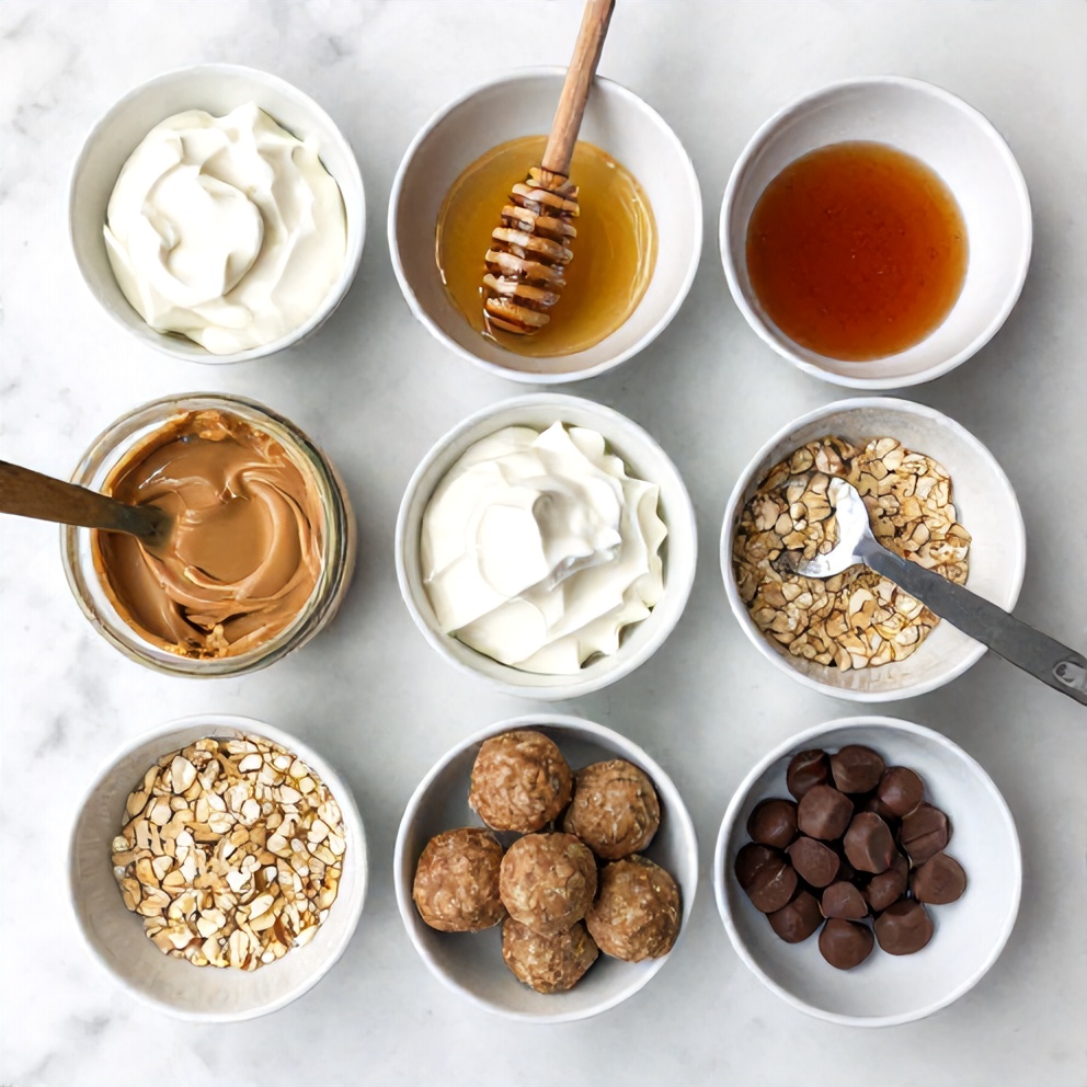 Raw ingredients for Greek Yogurt Protein Balls in a flat lay