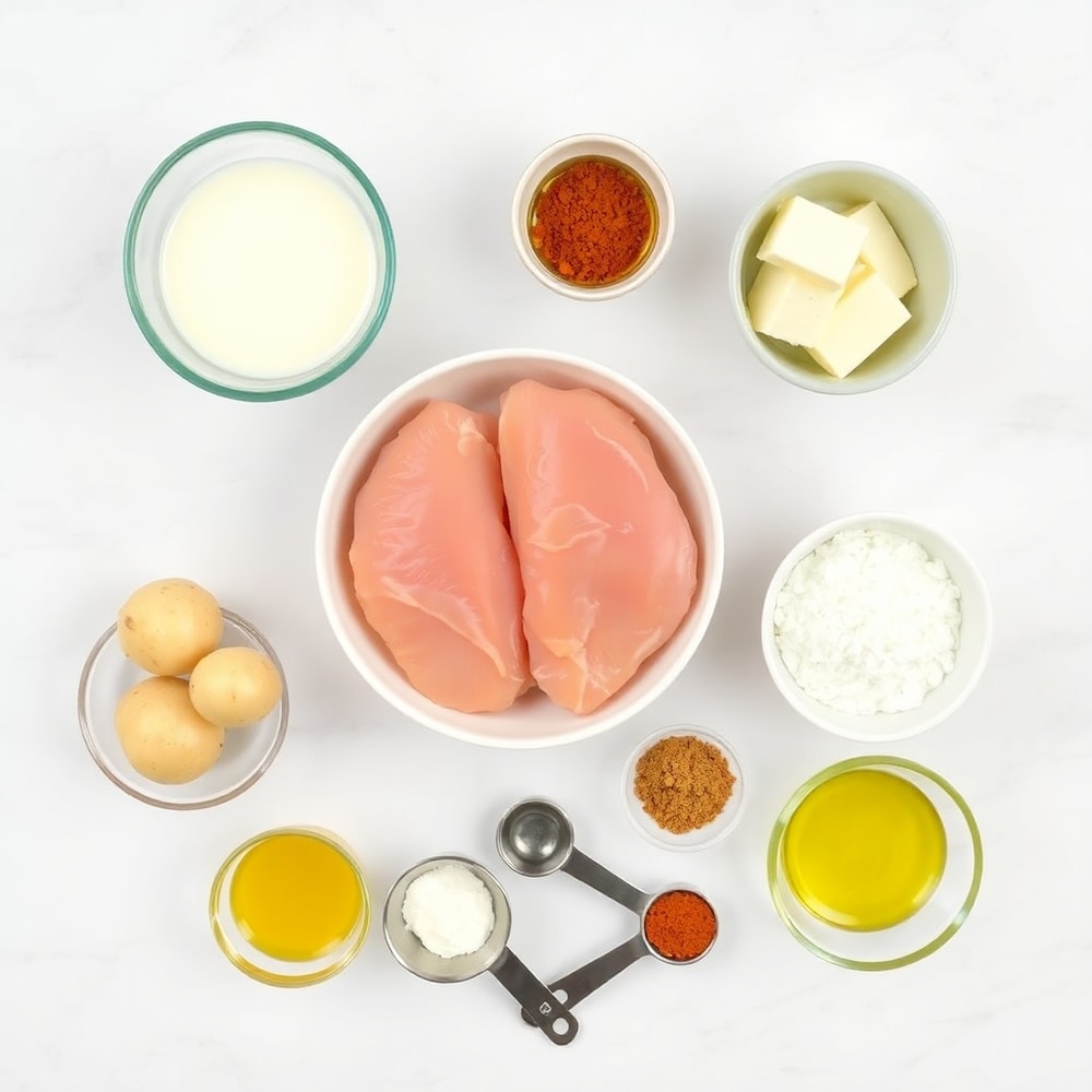Raw ingredients for grilled chicken mashed potato bowls, overhead flat lay, measuring spoons, white marble surface, bright even light