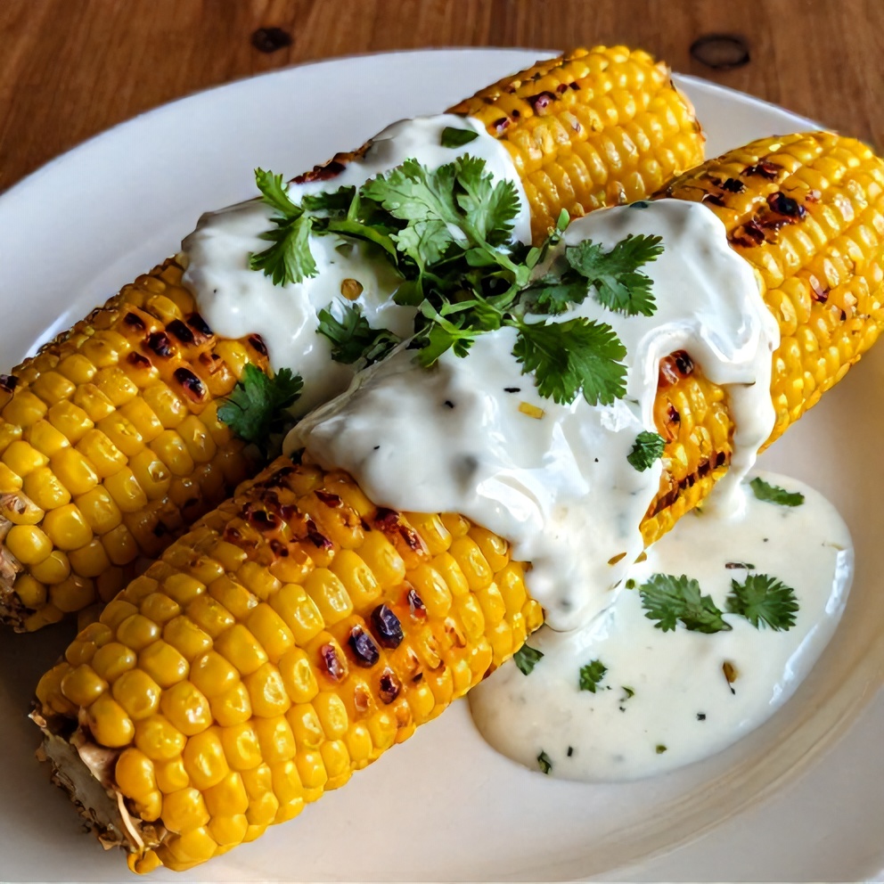 Plated grilled corn on the cob with chili lime yogurt sauce and fresh cilantro