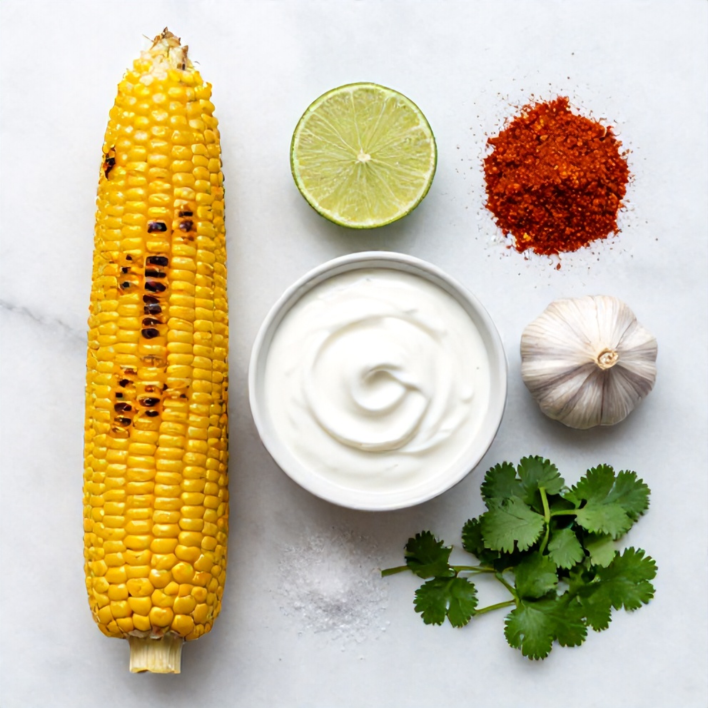 Raw ingredients for grilled corn on the cob with chili lime yogurt sauce