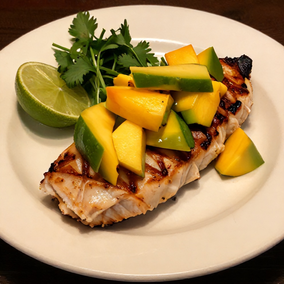 Plated Grilled Tuna Steak with Fresh Mango Avocado Salsa