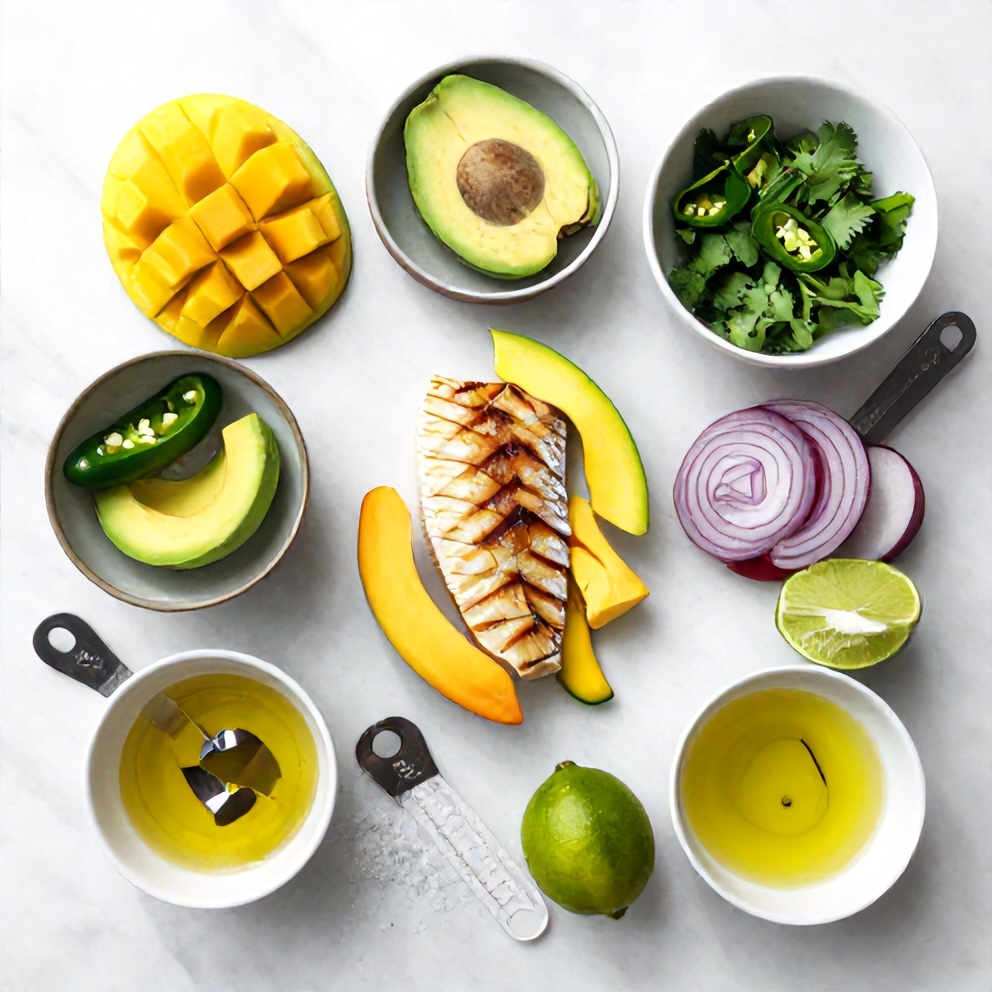 Raw Ingredients for Grilled Tuna Steak with Mango Avocado Salsa