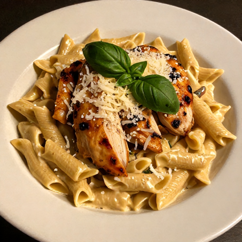 Plated high protein rotisserie chicken pasta