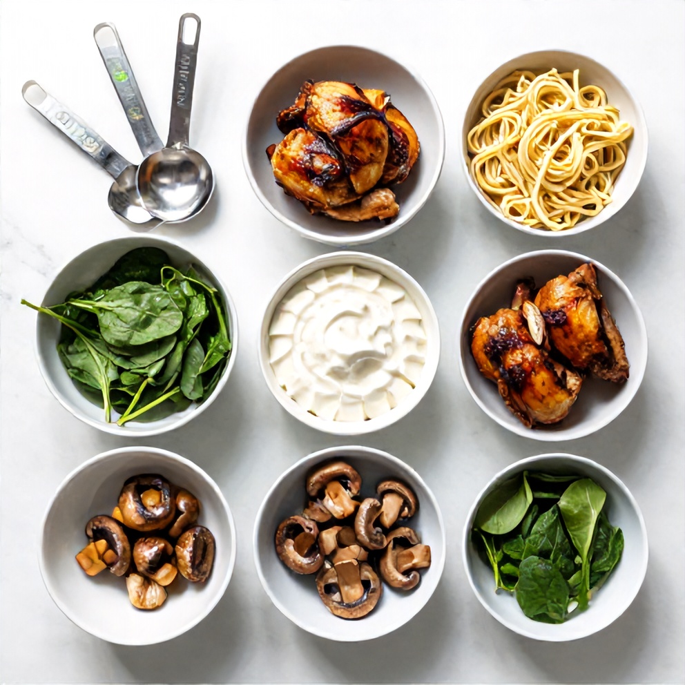 Raw ingredients for high protein rotisserie chicken pasta