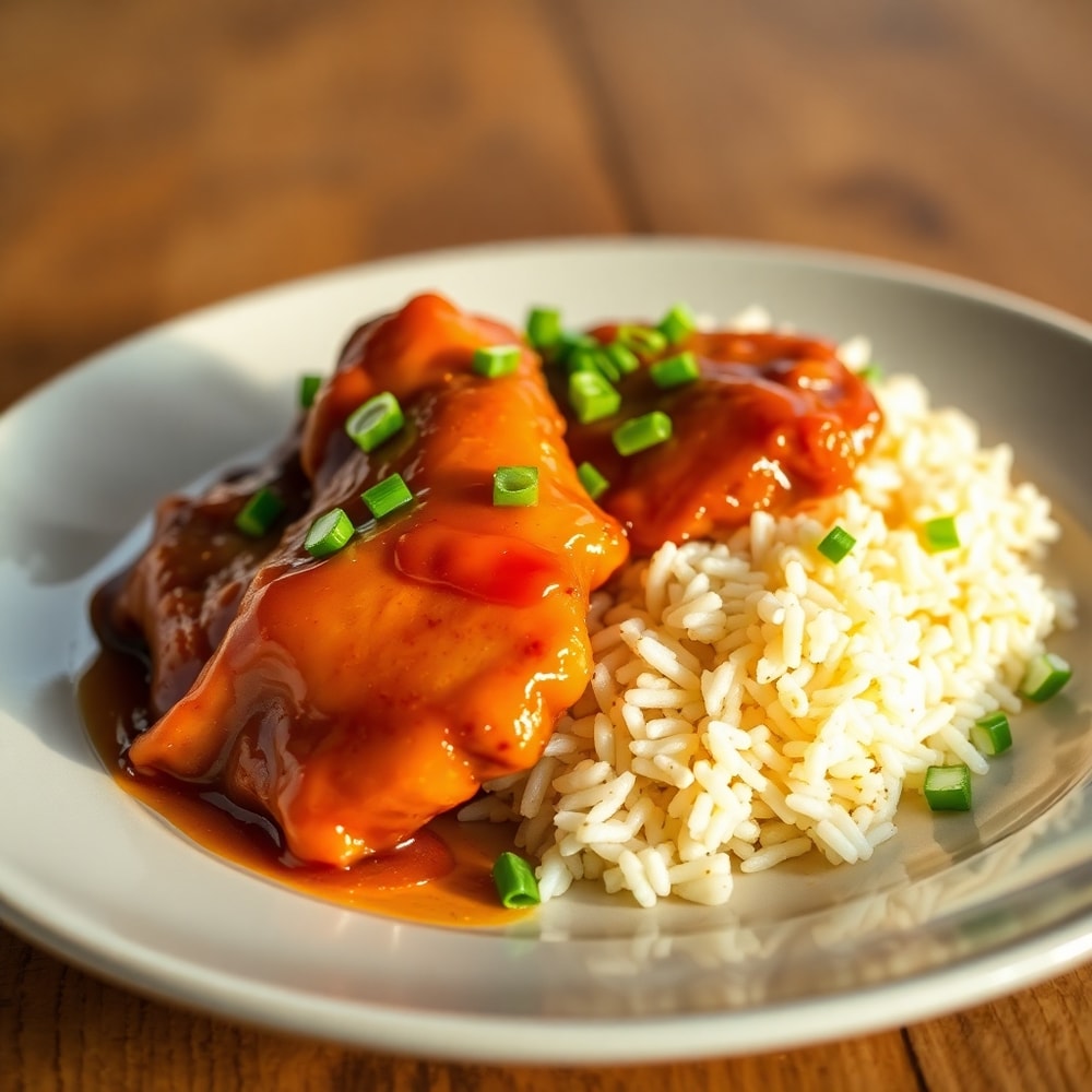 Plated Honey BBQ Chicken and Rice with green onions