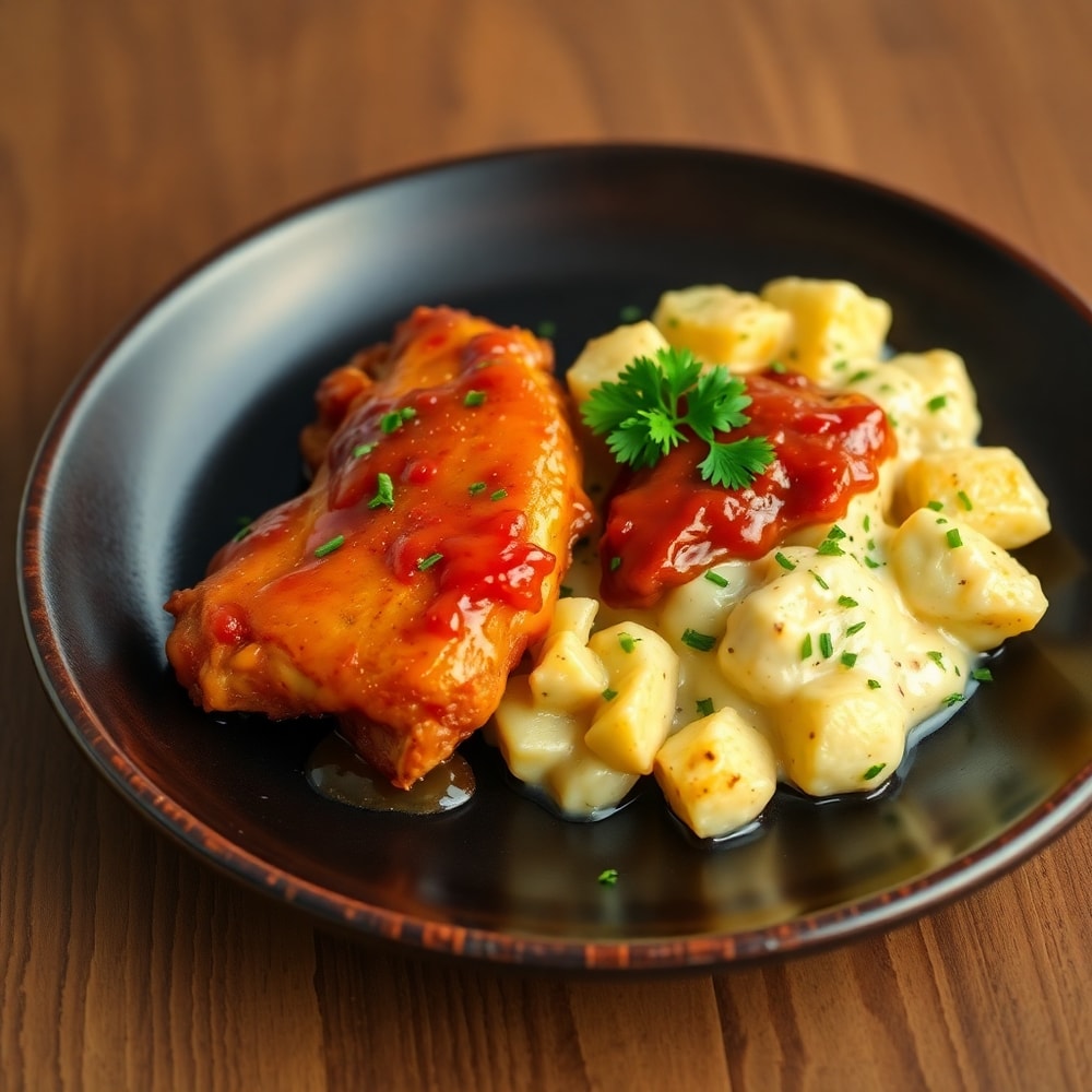 Plated Honey BBQ Chicken with Creamy Garlic Parmesan Potatoes