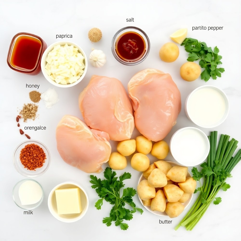 Raw ingredients for Honey BBQ Chicken with Creamy Garlic Parmesan Potatoes