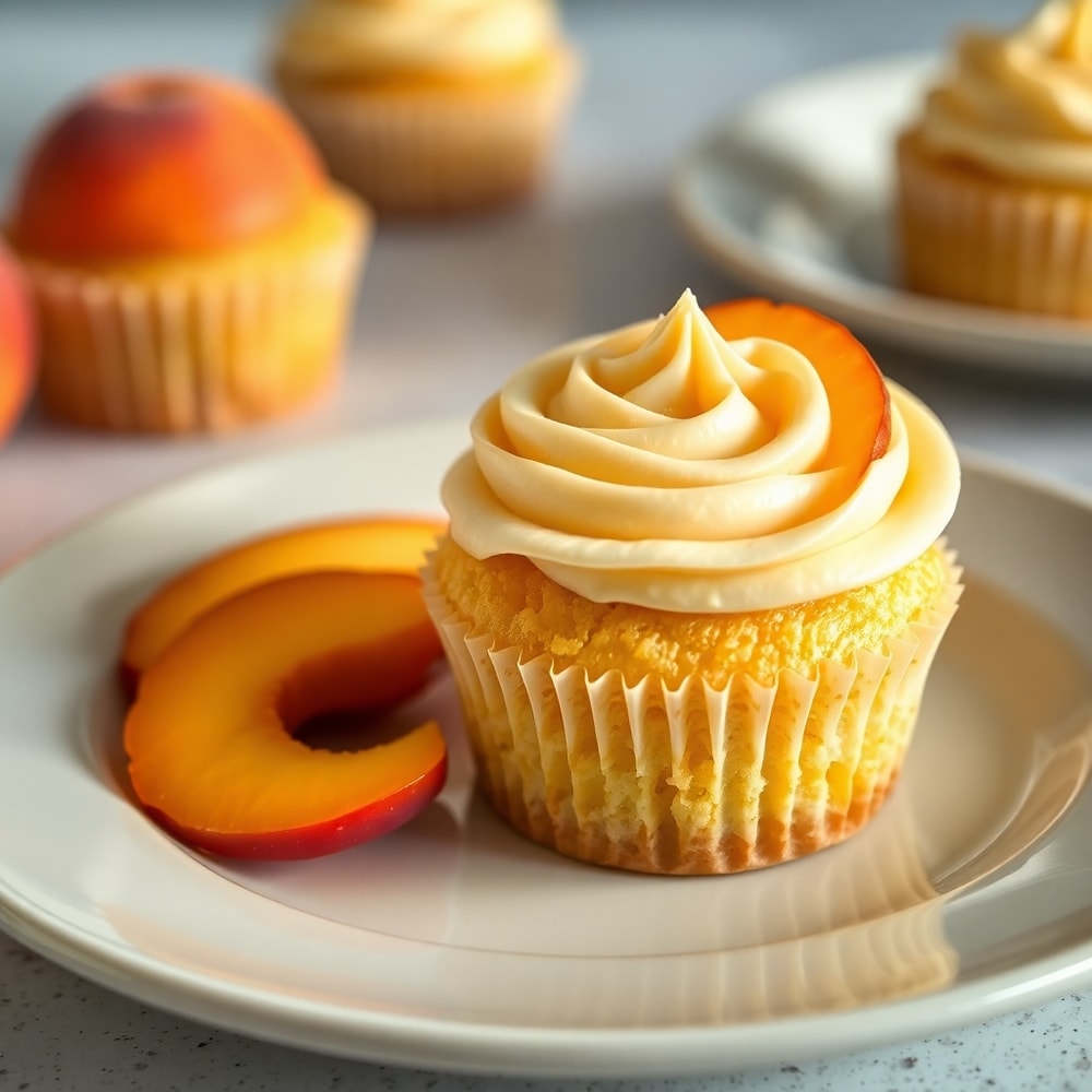 Honey Peach Cream Cheese Cupcakes plated with a side of fresh peach slices